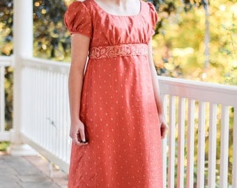 Regency Dress, Reenactment Costume, and Formal Ball Gown, Rustic Coral Orange, Vintage Saree, Emma 2009 Misses 8
