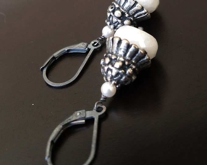 Silverite Earrings, Silver Silverite Earrings, Silverite and Pearl Earrings, Silver Pearl Earrings, Silver Silverite and Pearl Earrings
