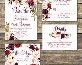 Printed Wedding Invitation - Fall Floral Wedding - Watercolor Floral - Burgundy / Marsala / Wine Rustic Wedding - FREE Hard Copy Proof