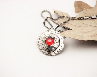 Sterling Silver Pendant Rustic Metal Jewelry Hippie Bo Ho Fire Opal Hammered Necklace Handcrafted Medallion Recycled Silver Eco Friendly