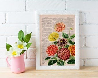 Summer Sale Dahlia bouquet print Dictionary Page wall art home decor, wall hanging , flower wall art, Dahlia wall decor BFL081