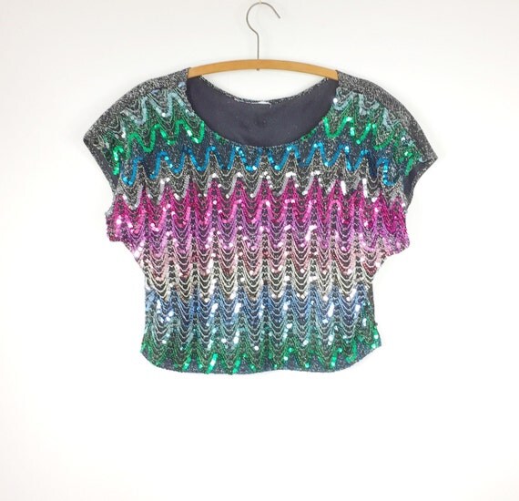 Sequin Cropped Top Rainbow Ombre' Sheer Lurex Women's