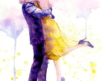 Romantic Couple Watercolor Painting Print - Kissing Couple - La La Land