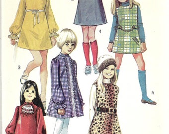 Vintage Girls Mod Dress Pattern, Retro Victorian 1960s Dress, Jumper and Scarf Pattern, Stand Up Collar, Lace Jabot, Long Sleeves, Size 4