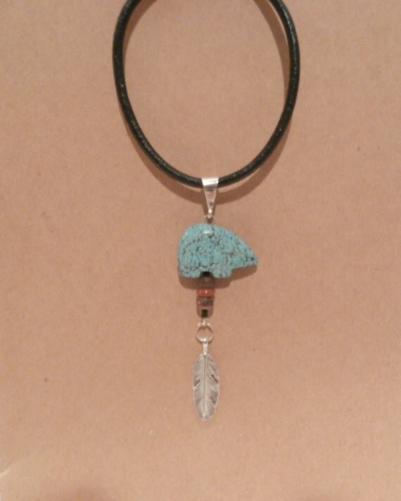 Genuine Turquoise Zuni Bear pendant Necklace New Strength