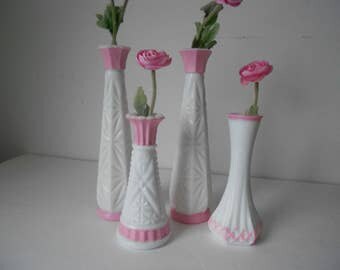 Vintage up-cycled distressed pink and white painted bud vases milk glass for wedding receptions or showers