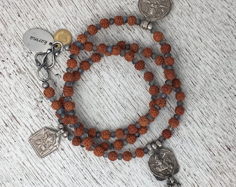 Triple Goddess Rudraksha Mala Prayer Beads w 3 Antique Indian Silver Amulets and Labradorite - Wrap Bracelet or Necklace