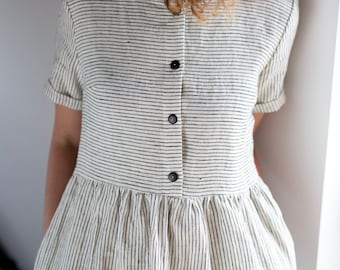 Striped Linen Dress - Black and White Linen Dress - Organic Linen Dress - Short Sleeve Dress - Linen Women Dress - Handmade by OFFON