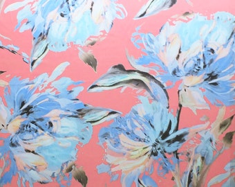 Coral Peach and Cornflower Blue Printed Light Satin Dress Fabric -Abstract floral artist style - Sold by the metre