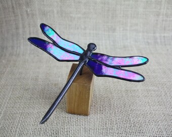 Stained Glass Dragonfly Blue Iridescent on Wood Base, Glass Art