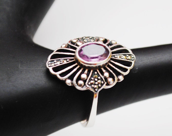 Amethyst Sterling ring - Marcasite - size 7 - Victorian Revival - Silver filigree