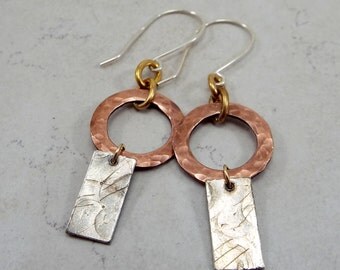 Gold filled and Textured Sterling Silver and Copper Mixed Metals Earrings