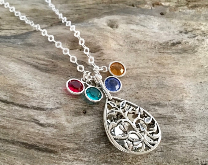 Grandmother's Necklace, Family Tree Sterling Silver, Hand Stamped Jewelry,Mother's Necklace, Personalized Birthstone Family Necklace