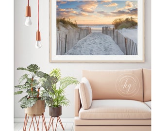 Beach Path Photo, Large Beach Panorama, Rhode Island Photography, Newport RI Photograph, Ocean Sea Artwork, Dunes Sunset Picture Blue Orange