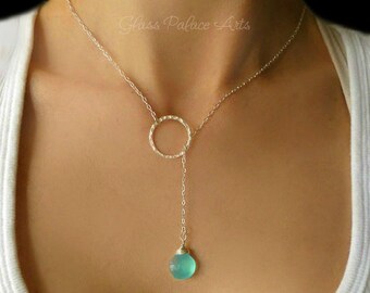 Silver Lariat Necklace - Aqua Chalcedony Necklace - Long Beaded Lariat - Silver Hoop Necklace - Gemstone Bridesmaid Necklace - Bridal Gift