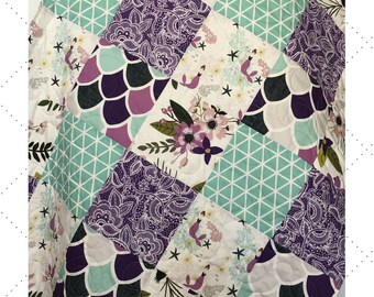 Mermaid Baby Quilt, Patchwork Mermaid Quilt, Mermaid Nursery Girl, Purple Nursery, Crib Bedding Mermaid, Baby Blanket Girl, Mermaid Dreams