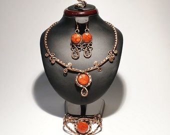 Copper jewelry set-coral jewelry set- earring-ring-necklace- bracelet-wire wrapped jewelry handmade
