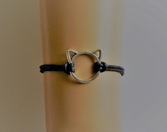 Cat Bracelet, Black Cats Whiskers Wax Cord Bracelet, Black Bracelet, Silver Cat Charm Bracelet, Black Cat Bracelet. Kitty Lovers Bracelet,