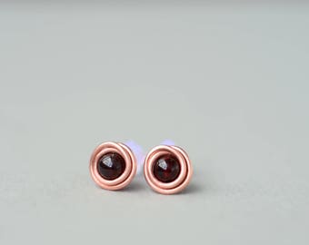 delicate garnet stud earrings, minimalist copper studs, gift for wife, modern everyday jewelry, mom gift, simple stud earrings