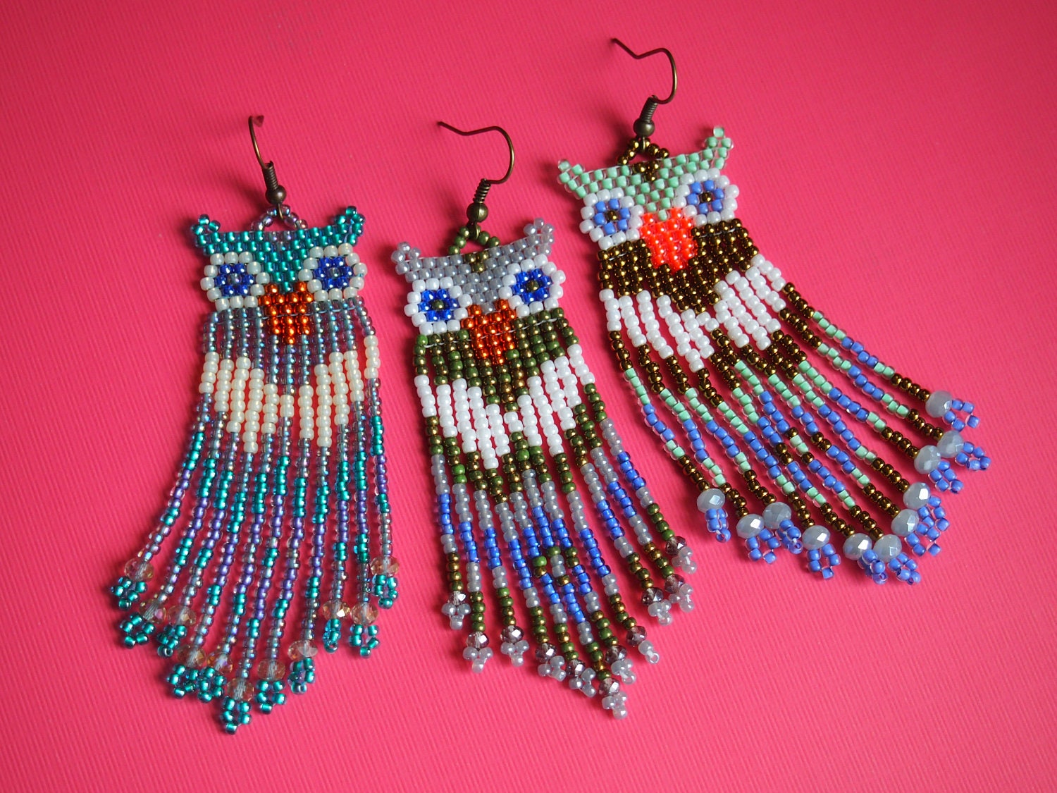 Cute Horned Owl Seed Bead Fringe Earrings Toho Owl Earrings 9401