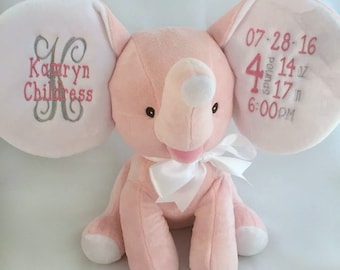 Personalized Stuffed Animal - Birth Announcement Stuffed Animal - Baby Girl Gift - Elephant Nursery Plush - Birth Statistics - New Baby Gift