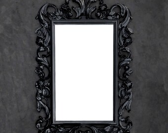 Ornate Black Mirror - Vintage Syroco - Floral Rose Acanthus Leaf - Rectangular - Hollywood Regency - Rococo - Baroque Mirror
