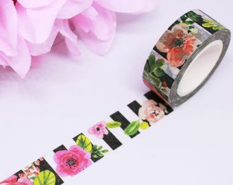 Floral Washi Tape, Pink Washi Tape, Black Washi Tape, Washi Tape Floral, Planner Accessories, Happy Planner, Bullet Journal, Washi Stickers