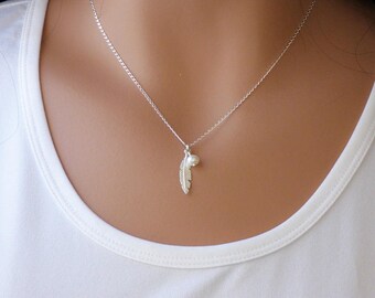 Sterling Silver Pearl Necklace, Feather Necklace, Silver Necklace, Feather Jewelry, Silver Pearl Necklace, Wedding Necklace