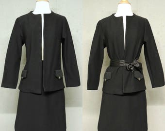 Vintage 70s Suit / Cintura Jet Black Ribbed Poly Knit Blazer Pencil Skirt Set