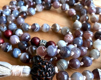 Botswana Agate Mala Necklace , Rare Antique Rudraksha Mala Beads, Rosewood, Thai Silver Healing, Stability, Uplifting, 108 Prayer Beads