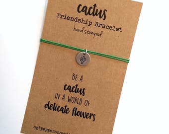 CACTUS Friendship Bracelet ~ Hand Stamped silver aluminum disc ~ Waxed Cotton Cord~Be a Cactus ~ Delicate Flowers ~adjustable~choose a color