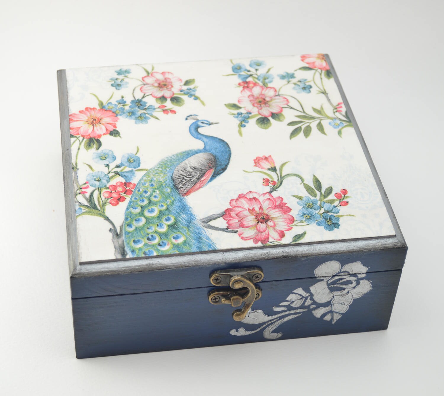 Peacock jewelry box flower box blue jewelry box decoupage