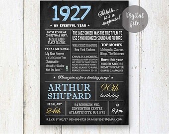 Surprise 90th Birthday Invitations | Chalkboard 90th birthday invitation for him great grandfather father | Fun facts 1927 DIGITAL file!