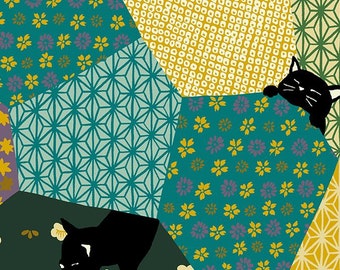 Cat Fabric, Black Cat, Patchwork Cat - Neko 2 by Hyakka Ryoran for Quilt Gate HR 3170 11 B - Green/Yellow - Priced by the Half Yard