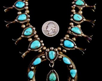 ON LAYAWAY 4 Kay: 160g Vintage Old Pawn Navajo Sterling Silver Squash Blossom Necklace w Brilliant Bisbee Turquoise! Compact Old Piece!
