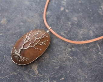 Tree-Of-Life necklace pendant. silver necklace pendant .Avocado wood pendant. Handmade jewelry. wood craft art jewelry. Tree design