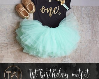 First Birthday Outfit Girl, Mint Gold Tutu Girl First Birthday Outfit, Birthday Shirt, Mint Birthday Tutu, Cake Smash Outfit