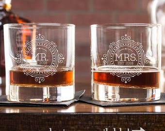 Wedding Gift, Engagement Gift, Whiskey Glasses, Mr And Mrs Whiskey Glass Set, Anniversary Gift, Rocks Glasses, Gift For Husband