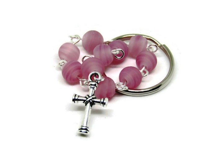 Perfect Gift for Her! Frosted Pink-Purple One Decade Pocket Rosary, Religious Key Chain, Gift for Bridesmaids, Wedding Shower Favors
