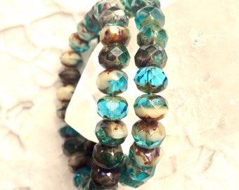 Czech Picasso Artisan 6 x 9 mm Faceted Rondell Rondelle Beads Translucent Teal and Bone / Beige / Ivory with Picasso Edges - 25 Beads
