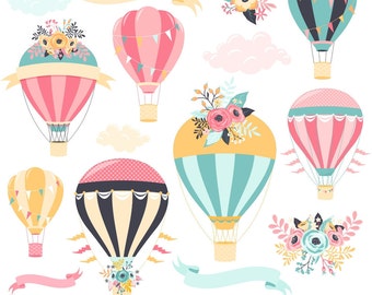 80% OFF SALE Hot Air Balloon Clipart, Digital Hot Air Balloon, Hot Air Balloon Graphics, Wedding Clipart, Printable, Commercial Use