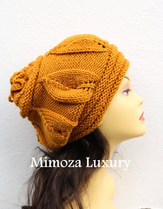 Mustard Woman Hand Knitted Hat, Mustard slouchy hat, Mustard knit hat, slouchy knit women's hat, mustard winter hat, mustard women hat