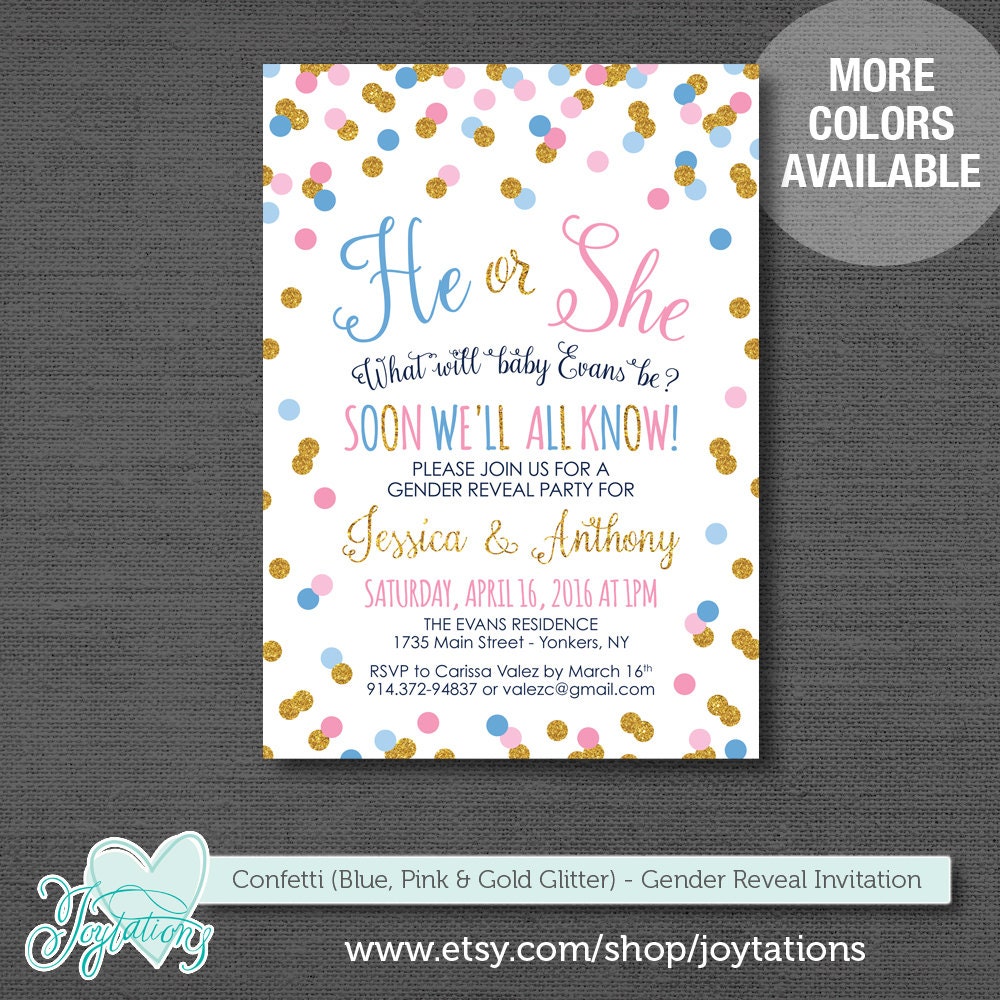 Confetti Gender Reveal Invitation Printable Blue Pink and Gold