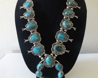 RESERVED For PAULA! Vintage Native American Squash Blossom Necklace With Bisbee Turquoise - FREE Shipping & Layaway