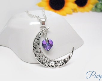 Filigree moon necklace, moon and crystal heart necklace, silver crescent moon with Swarovski heart pendant, women necklace