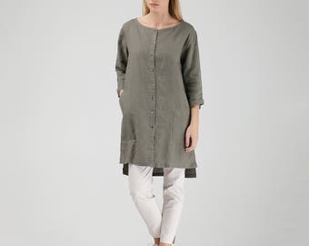 Pure Linen Tunic Shirt with Side Slits in Khaki Green Linen