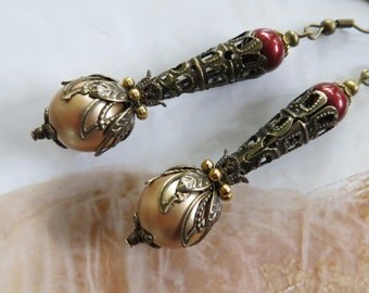 Gold Red Pearl Earrings Swarovski Steampunk Jewelry Victorian Drop Brass Vintage Renaissance Dress Medieval Clothing Jewellery Birthday Gift