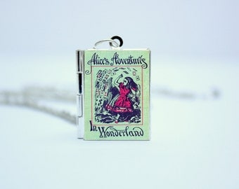 Alice in Wonderland Book Cover Locket Library Charm by Lewis Carroll Jewelry Jewellery Literary Gifts Necklace Keychain with Library Card