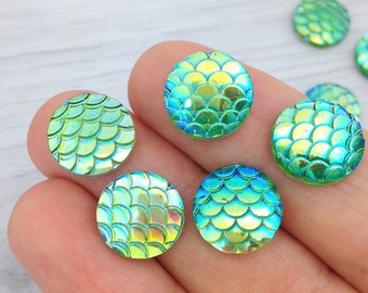 Mermaid Scales, Green Dragon Scales, Resin Cabochons, 12mm, Set of 10, Green Cab, Dragon Egg, Scrapbooking, Jewelry Design, FBC100