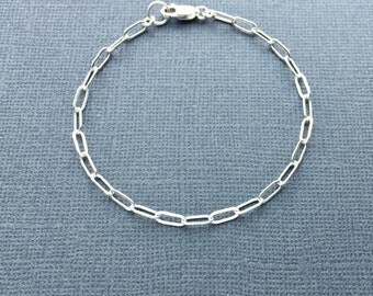 Sterling Silver Chain Bracelet, Silver Rectangle Link Chain Bracelet, Delicate Silver Bracelet, Dainty Silver Anklet, Drawn Flat Cable Chain